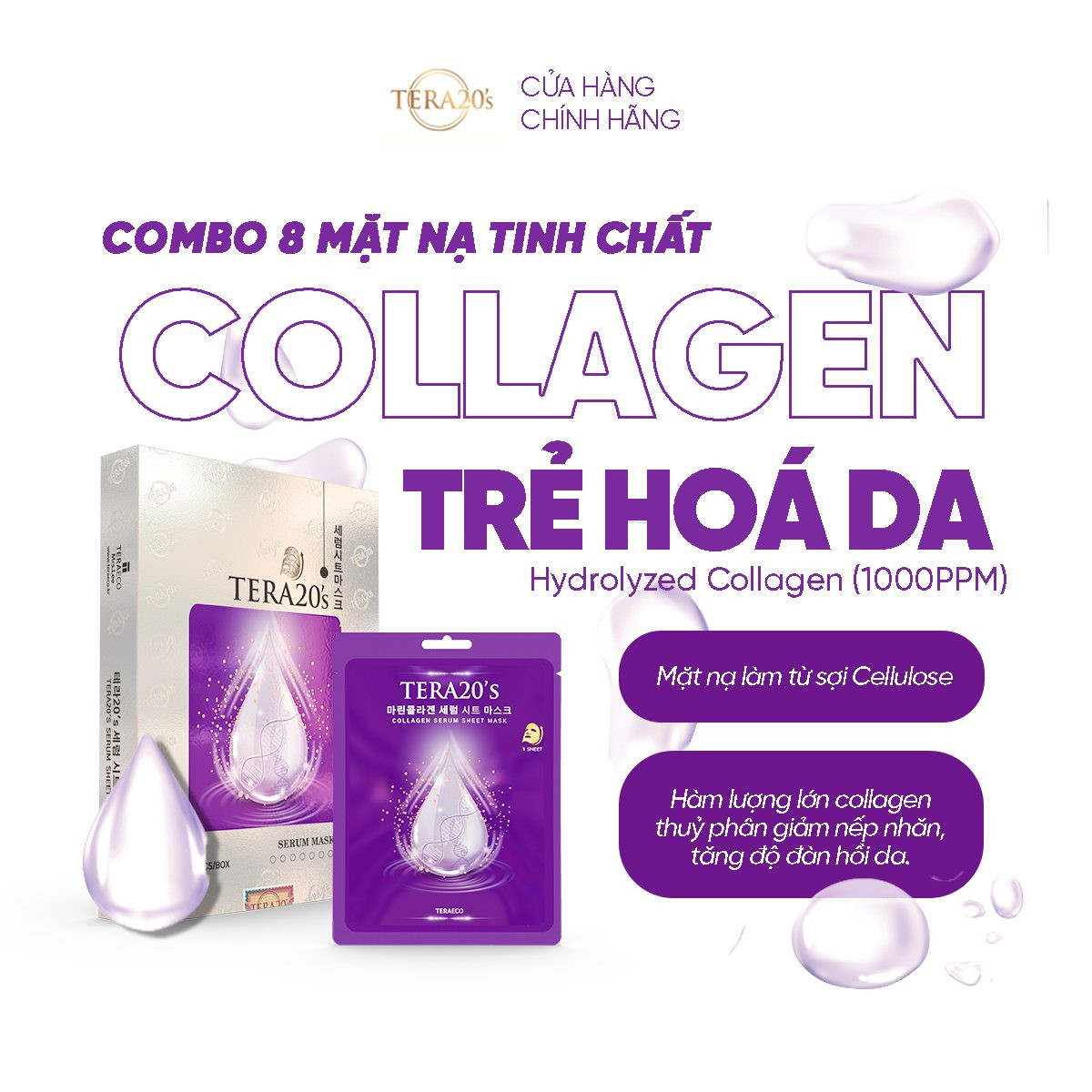 Chiết xuất từ Collagen thủy phân giúp cấp ẩm, nhanh chóng phục hồi vẻ tươi trẻ cho làn da nhờ cung cấp đầy đủ nước vào sâu cho da.